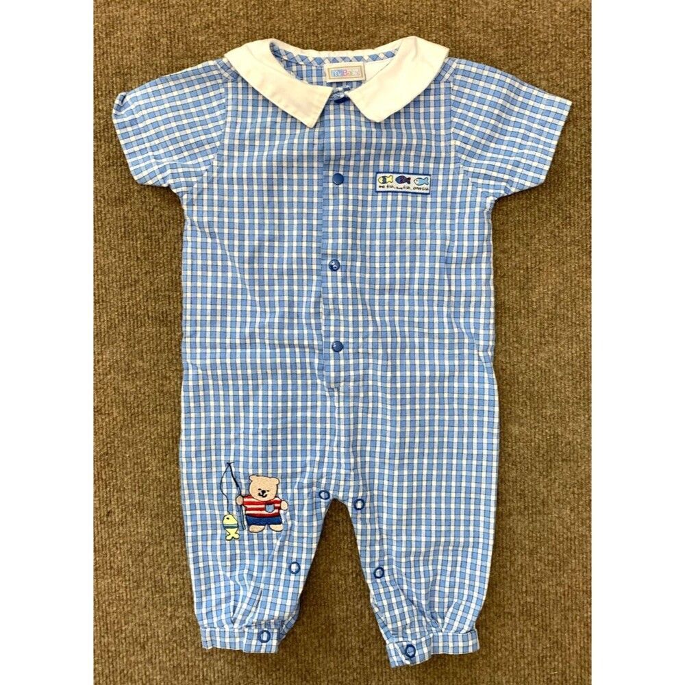 Vintage McBaby Romper 3-6 Months Gingham Plaid Fishing Bear Short Sleeve